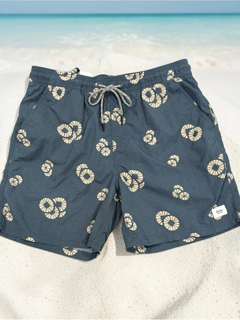 Katin Navy And Tan Print Swim Trunks with Drawstring Waist and Liner Mens Size S